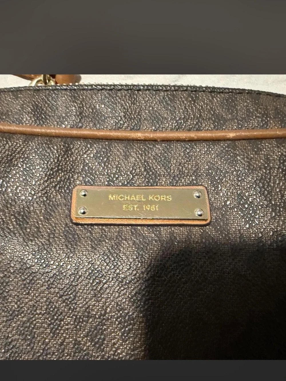 Michael Kors Dark Brown MK Logo Satchel with Gold Plaque